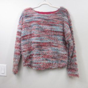 Anthropologie Sweater Sz Large Multicolor Stripes Red Blue Fuzzy Soft